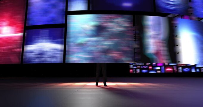 Businessman facing immersive wall of futuristic screen displays. Business And Technology Related 3D Concept.