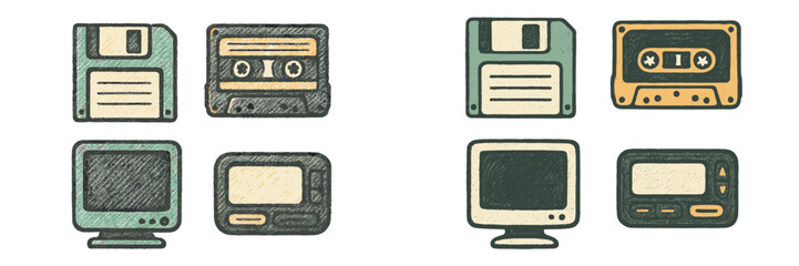 Vintage electronic devices and old computer technology featuring floppy disks, cassette tapes, monitors, and pagers