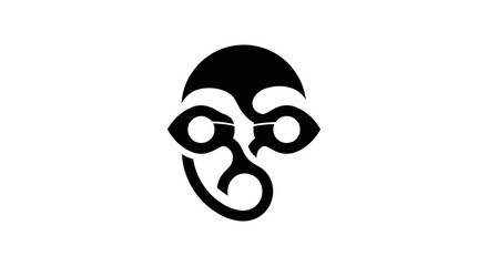 Abstract tribal mask symbol with circular eye elements and unique design.