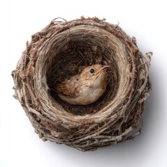 A small, light brown bird nestled within a circular, twig-woven nest, set against a stark white background