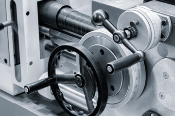 Control disk of metalworking machine with applied measuring ruler and control handle. metalworking...