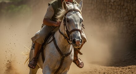 Fototapeta premium Man riding white horse in dusty desert. Middle eastern equestrian with braided bridle. Ancient times and desert culture concept.