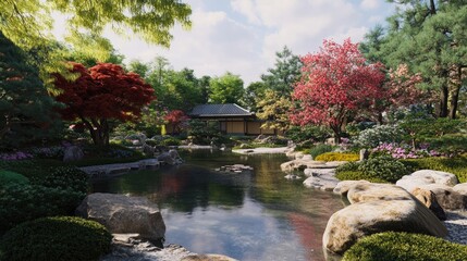 Obraz premium Serene Japanese Garden with Koi Pond and Blossoming Trees