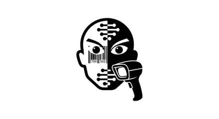 Symbolic black and white icon of a face with barcode being scanned.