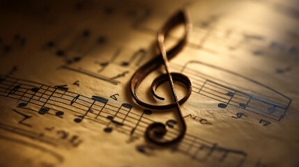Classical music sheet with a symbolic treble clef standing on the old paper. Musical education and composition concept