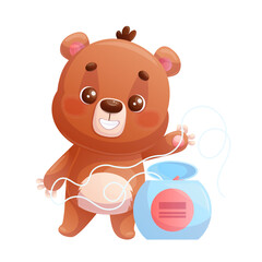 Funny happy cute teddy bear holding dental floss on a white background. The concept of a dental clinic. Cartoon children's vector illustration for the design of postcards, postcards, stickers