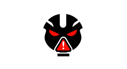 Angry robot head icon with glowing red eyes and a warning sign.