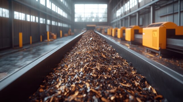 Industrial metal shavings on a conveyor belt within a large factory