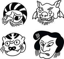 Halloween Tattoo Style Japanese Mask Vector Set – Line art Vector Illustrations of Mythological Creatures