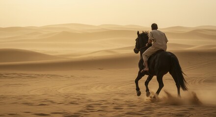 Man riding black horse through desert dunes. Ancient desert dweller on horseback in distant, biblical land journey at sunset.