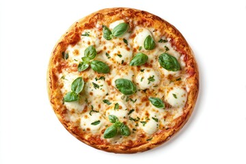 A round pizza, topped with mozzarella cheese, fresh basil, and a light sprinkle of herbs.  The crust is golden brown, and the cheese is melted and bubbly.  Appetizing and inviting