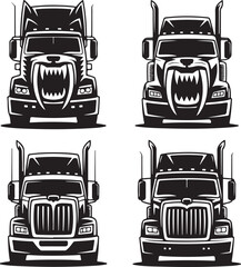 Four Black and White Illustrations of Monster Trucks with Monster Faces Front View graphic