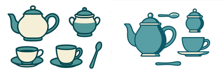Elegant tea set collection with teapots, teacups, sugar bowl, and spoons for serving hot drinks