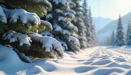Snow-covered trees with winter landscape and sunlit trail  