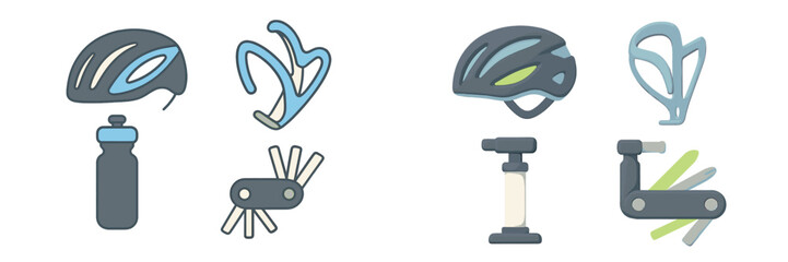 Comprehensive collection of essential cycling gear and bicycle maintenance tools for outdoor sports and active lifestyle enthusiasts