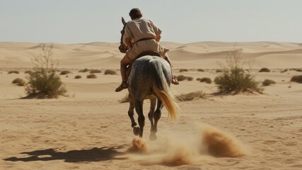 Man riding horse across vast desert landscape creating dust. Ancient historical journey or nomadic travel concept. Bible times.