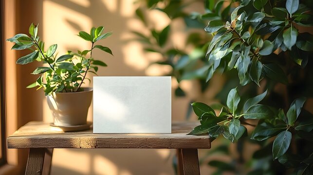 A blank white card rests on a rustic wooden table beside a vibrant potted plant in soft d d sunlight