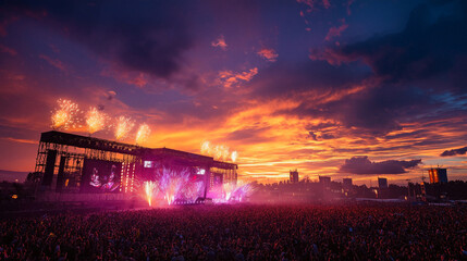 Crowd of people at outdoor festival concert with fireworks and vibrant sunset sky. Celebration of music and art event. Live performance concept