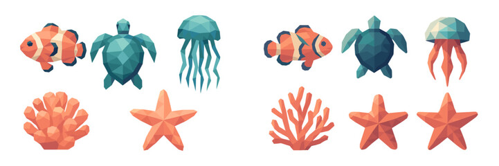 Low poly geometric ocean creatures and coral reef elements set including clownfish sea turtle jellyfish starfish and coral