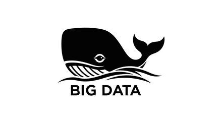 Big Data concept logo with a large whale icon swimming in water.