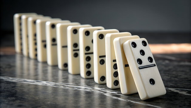 Falling domino effect captured mid-motion with focus on central tile on marble floor, symbolizing risk chain reaction, financial instability, investment loss or cause-and-effect economic impact