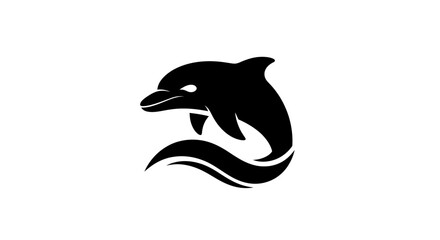 Minimalist black dolphin silhouette jumping over a wave.