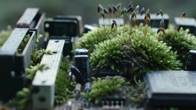 Moss and plant life grow on an old computer motherboard representing nature and technology concept.