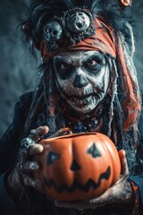 Naklejka premium Spooky Halloween character with pumpkin candy bowl