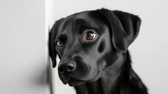 Sad black Labrador Retriever with a guilty expression hiding behind a wall against a white background with copy space