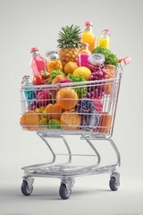 Shopping cart overflowing with colorful fruits and vegetables, juices, and drinks