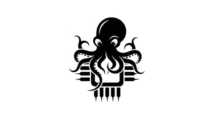 Stylized black octopus mascot integrated with a computer microchip logo. © varla