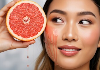 Asian woman with fruit-inspired makeup holding grapefruit half