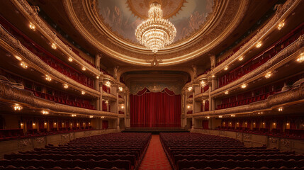 Obraz premium Grand opera house interior with empty red velvet seats and ornate gold detailing. Beautiful theatre with illuminated luxurious chandelier. Performing arts venue for entertainment