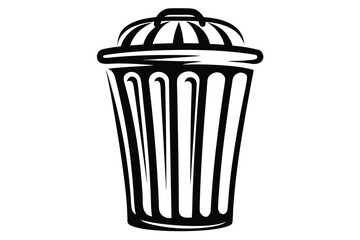 A closed trash can with black stripes and a lid stands prominently displayed