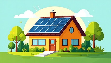 Naklejka premium Cartoon House with Solar Panels. Eco-Friendly Home. Sustainable Living and Renewable Energy Concept. Green Power Illustration.
