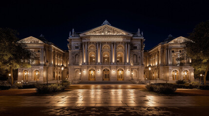 Grand classical building facade illuminated at night. Historic architecture with detailed ornamentation, columns, and glowing windows for tourism