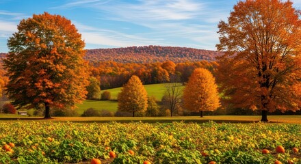 Autumn countryside landscape with trees and pumpkin patch
