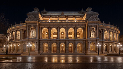 Ornate historic opera house majestically illuminated at night. Classical architecture facade with arches and columns, for cultural event