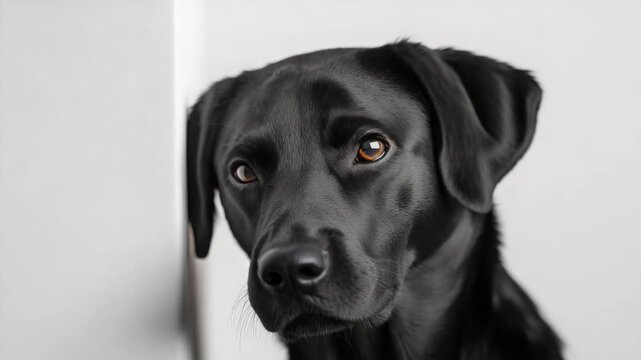 Sad black Labrador Retriever with a guilty expression hiding behind a wall against a white background with copy space