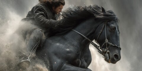 Caucasian man riding powerful black horse through desert dust. Warrior on galloping steed concept. Historical drama and adventure theme.