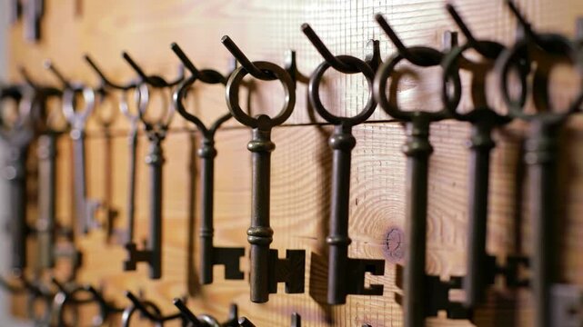 Collection of antique keys hanging on wooden wall, concept of history, security, vintage key, old, collection, lock, hanging.