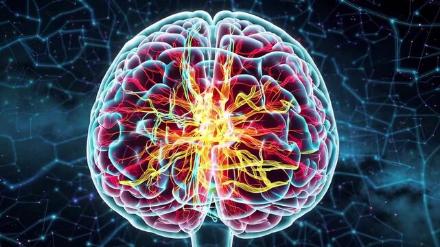 3D animation of human brain with neural connections. Activity and communication pathways. Medical, scientific and technological research. exploring possibilities