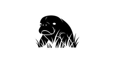 Black silhouette logo of a gentle manatee in the grass.