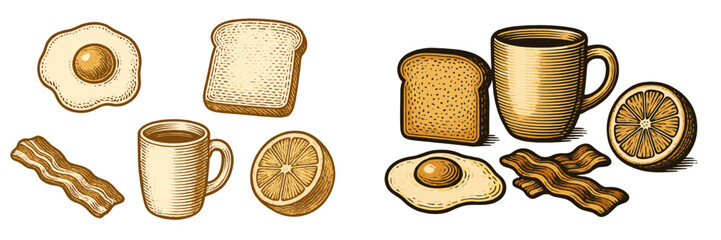 Classic breakfast food items set with fried egg, crispy bacon, toast, coffee mug, and fresh lemon slice, a delicious and complete morning meal