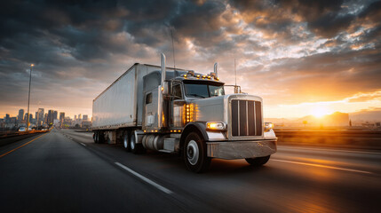 A large semi-truck driving at sunset