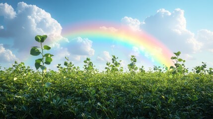 Lush green field, vibrant rainbow, bright sky