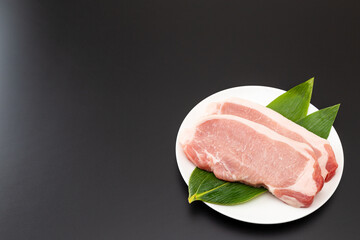 皿に乗った豚ロース肉　黒背景