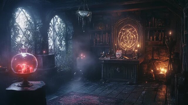 Enchanted potion room with magical artifacts glowing