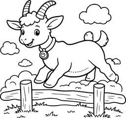 Cartoon goat jumping over a fence coloring page