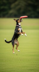 Energetic tri-color dog in a harness leaps high to catch a bright red frisbee mid- against a blurred green background, showcasing agility and playful focus during an outdoor game.